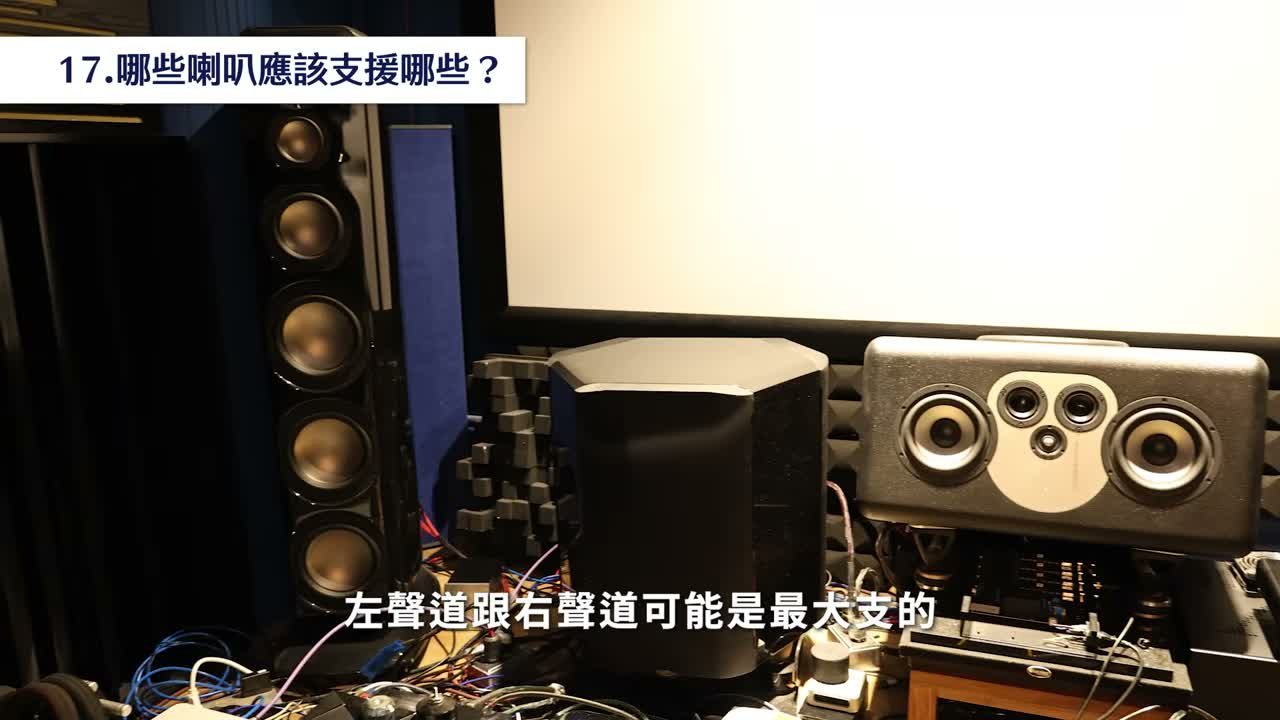 實際視聽室器材照，左側為五單體落地式主喇叭，中間為六角形箱體超低音，右側為多單體中置聲道喇叭，畫面標題「17.哪些喇叭應該支援哪些？」。對應內容：左右聲道通常是陣容中最大支的喇叭，可以拿出力量支援其他喇叭到中頻（ART 預設支援上限為 50Hz）；中置聲道因為前場約佔75%用量、本身工作已經很重，建議專心做好自己的事、不去支援別人，音色較不受影響。