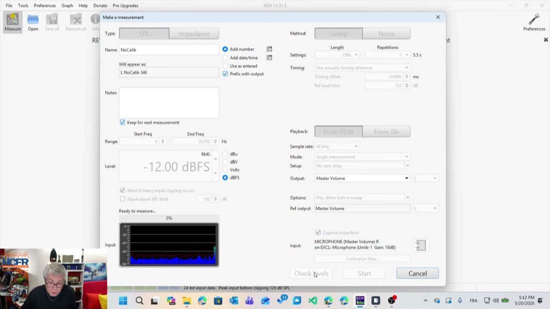 Dirac Live 量測電平設定對話框,顯示 -12 dBFS